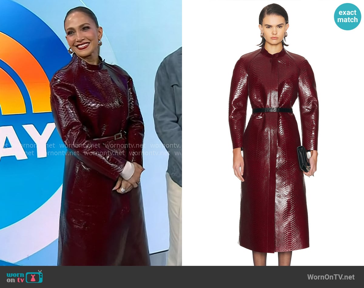 Tom Ford Snake-Embossed Leather Biker Coat in Ruby Red worn by Jennifer Lopez on Today
