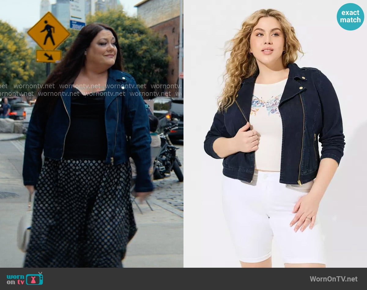 Torrid Denim Vintage Stretch Moto Jacket worn by Dana Sue Sullivan (Brooke Elliott) on Sweet Magnolias