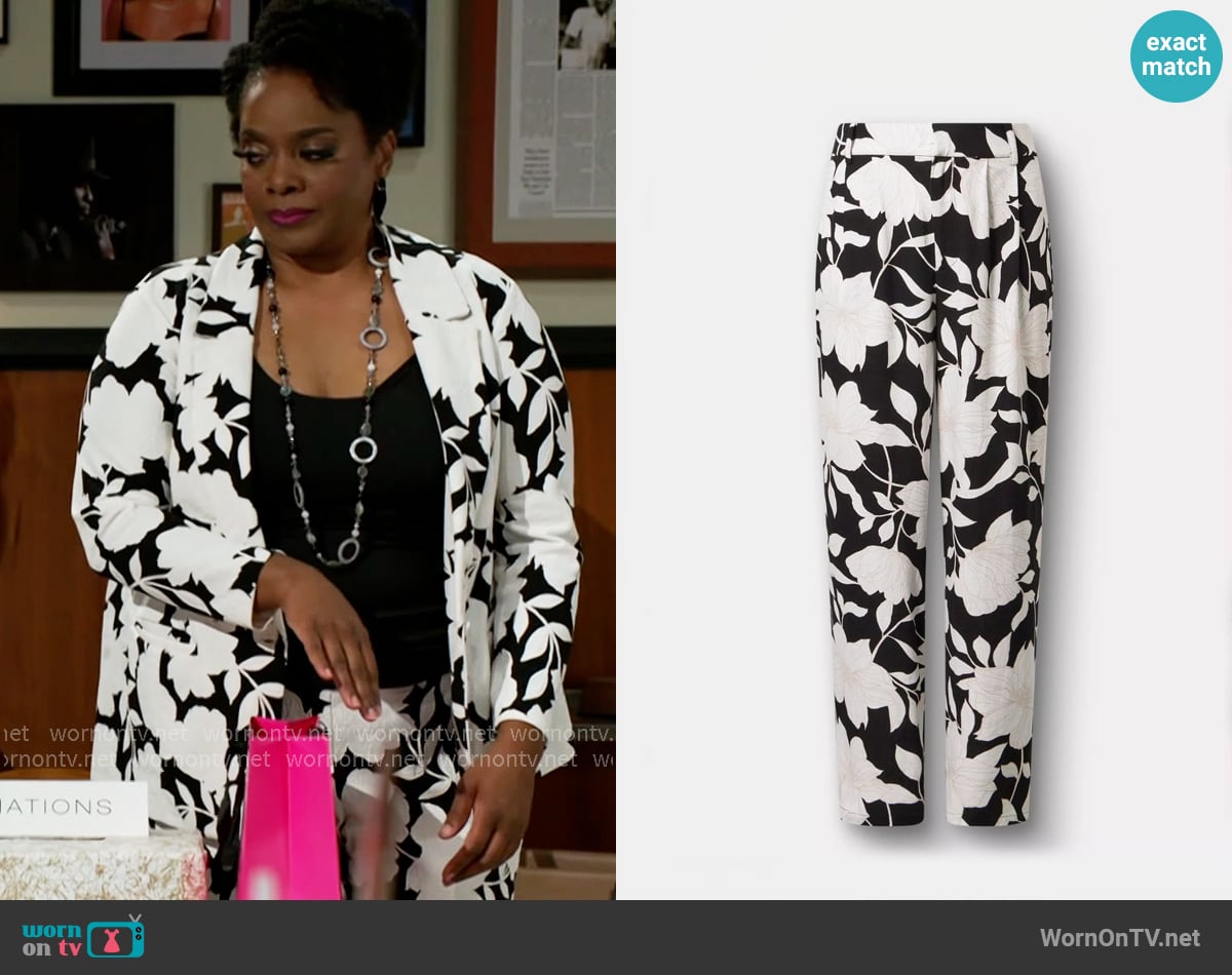 Torrid High-Rise Wide Leg Linen-Blend Trouser in Blueprint floral black worn by Mona Wilson (Karan Kendrick) on Beyond the Gates