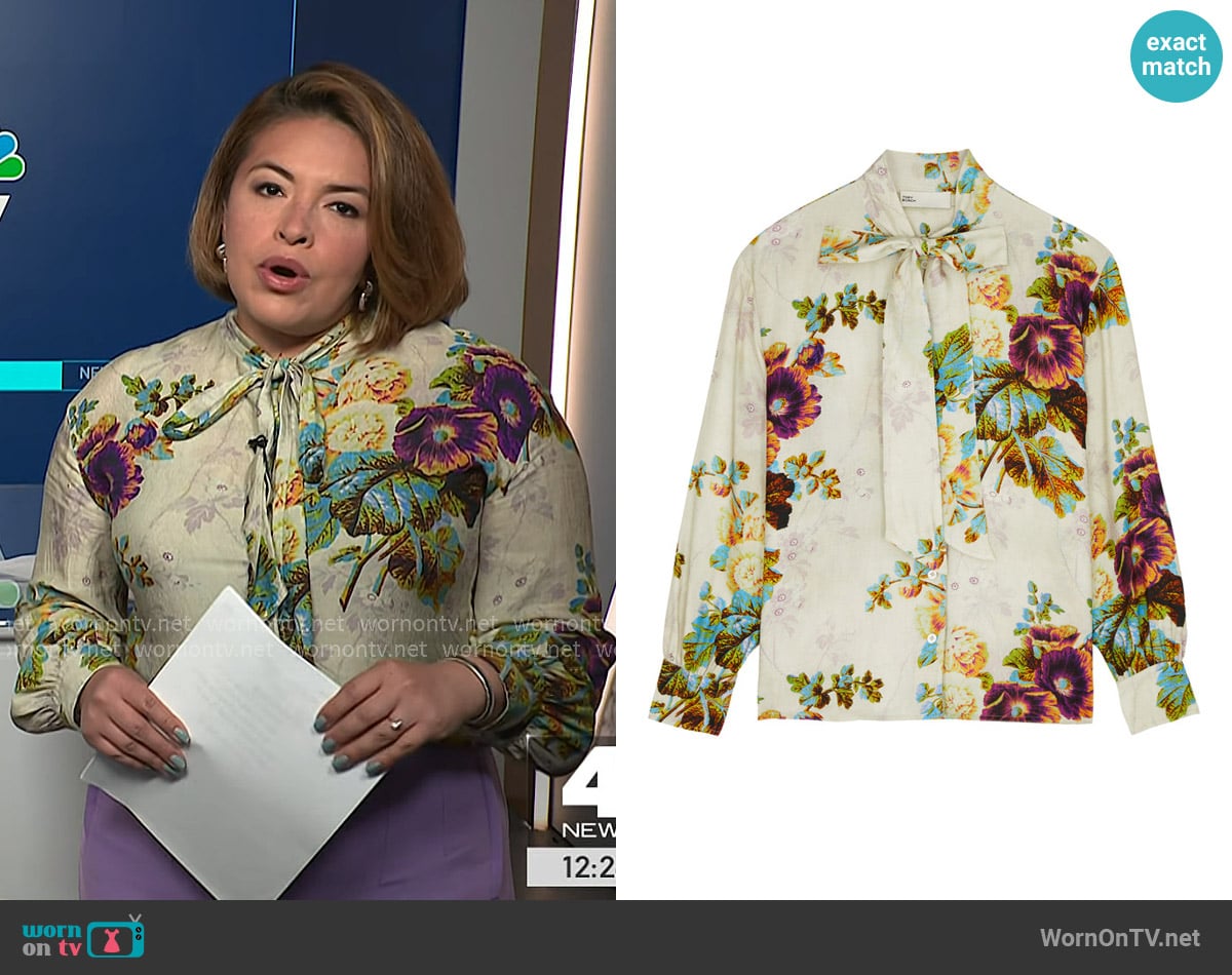 Tory Burch Printed Viscose Bow Blouse in Multicoloured worn by Gilma Avalos on NBC News Daily