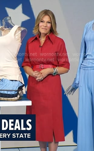 Tory’s red belted front slit dress on Good Morning America