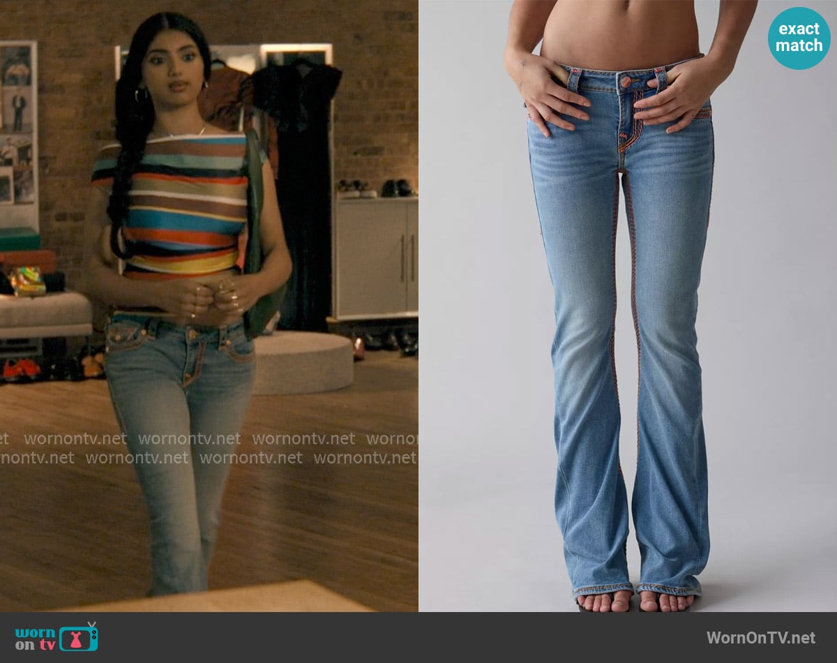 True Religion Joey Low-Rise Super QT Flap Flare Jean worn by Abhinaya Chilukuri (Avantika) on Not Suitable For Work
