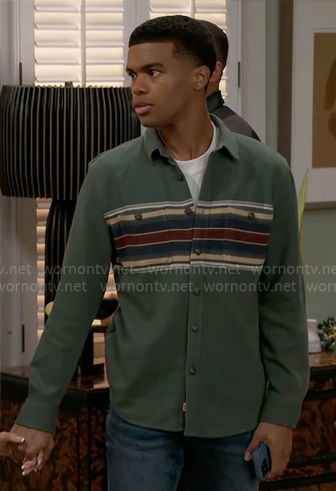 Tyrell’s green striped polo shirt on Beyond the Gates