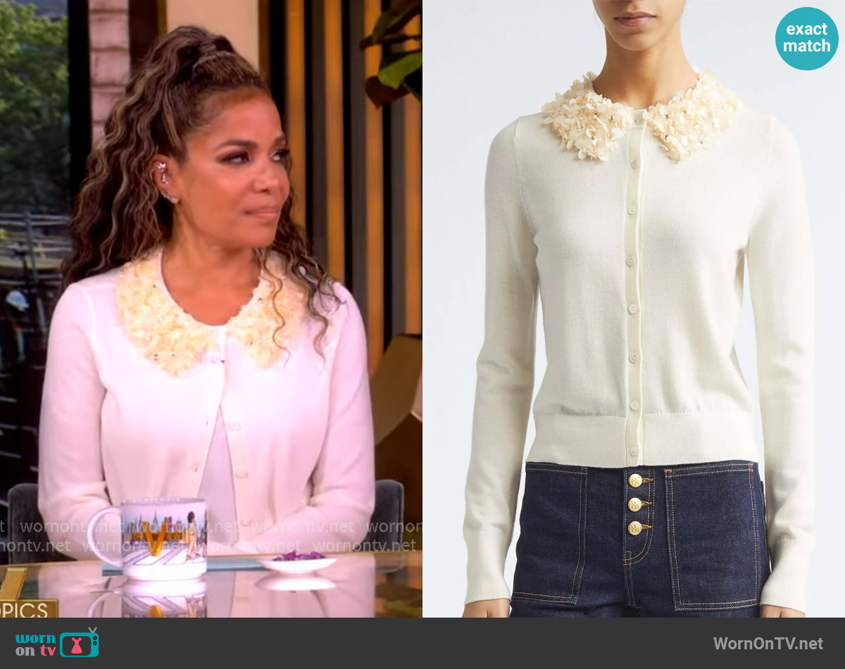 Sunny’s pearl embellished cardigan on The View Sunny’s pearl embellished cardigan on The View