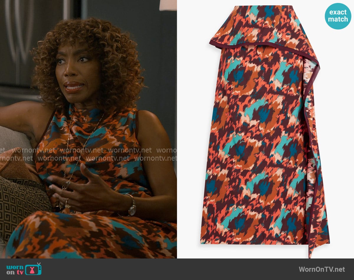 Ulla Johnson Danica draped printed crepe midi skirt worn by Helen Decatur (Heather Headley) on Sweet Magnolias