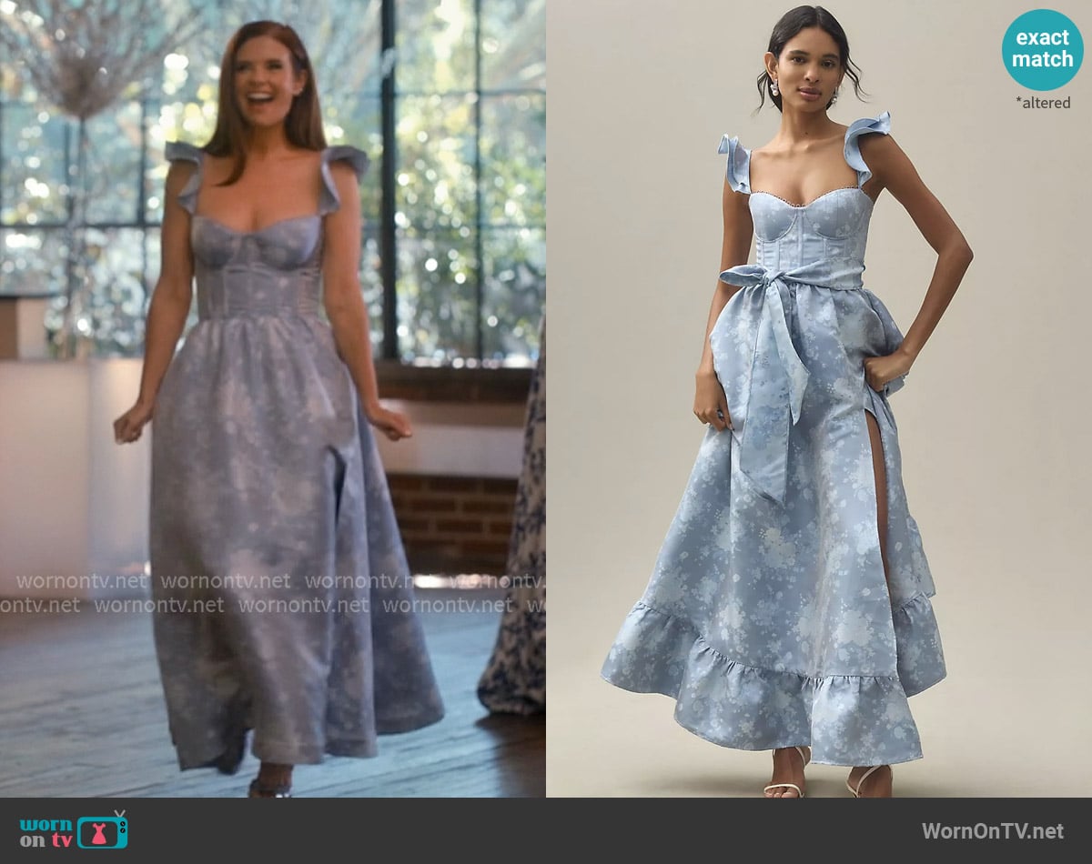 V. Chapman Veronica Corset Ruffle Side-Slit Dress worn by Maddie Townsend (JoAnna Garcia Swisher) on Sweet Magnolias