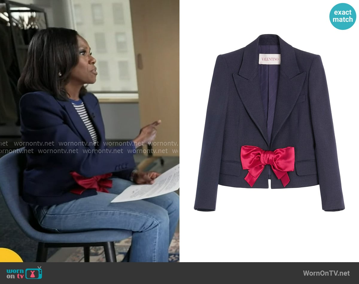 Valentino Garavani Bow Blazer in Provence Blue worn by Deborah Roberts on Good Morning America
