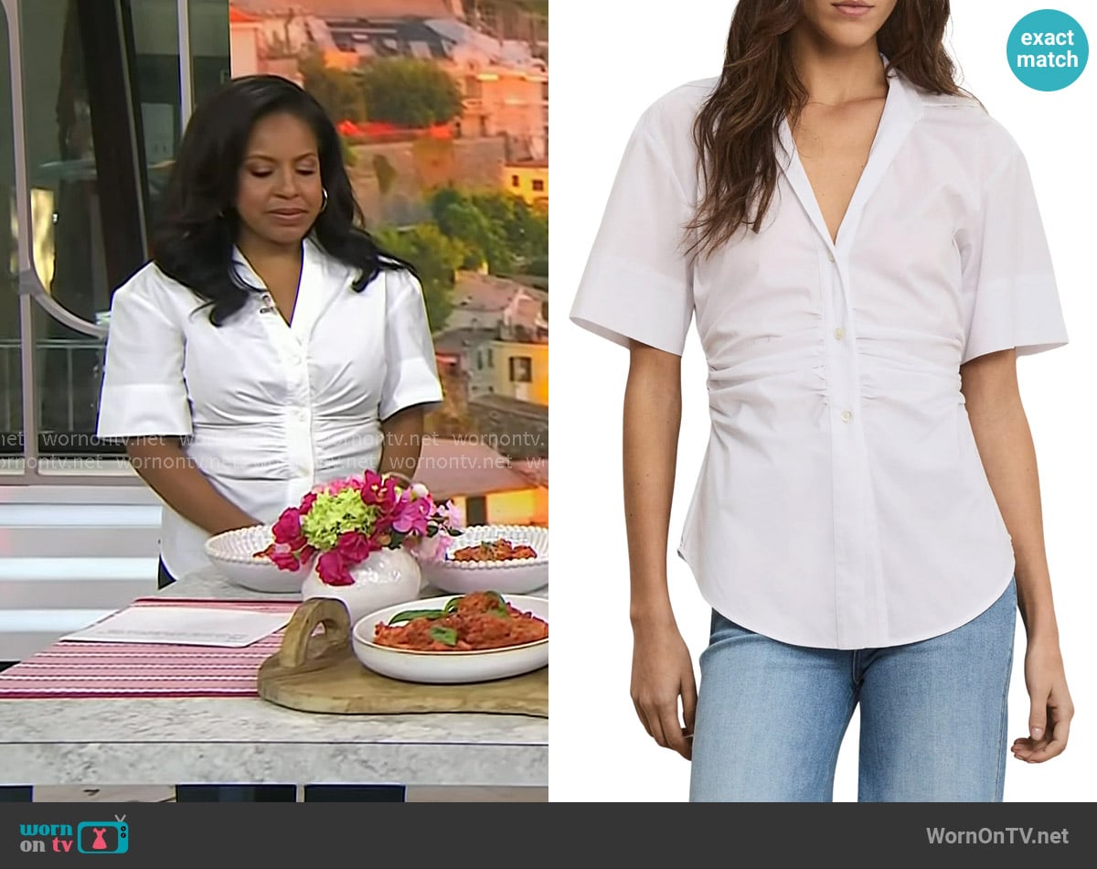 Veronica Beard Devra Ruched Shirt worn by Sheinelle Jones on Today