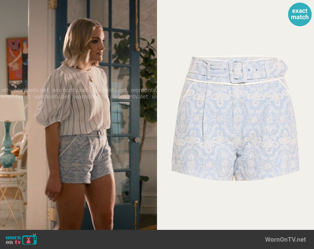 Veronica Beard Hobbes Belted Eyelet Shorts worn by Noreen Fitzgibbons (Jamie Lynn Spears) on Sweet Magnolias
