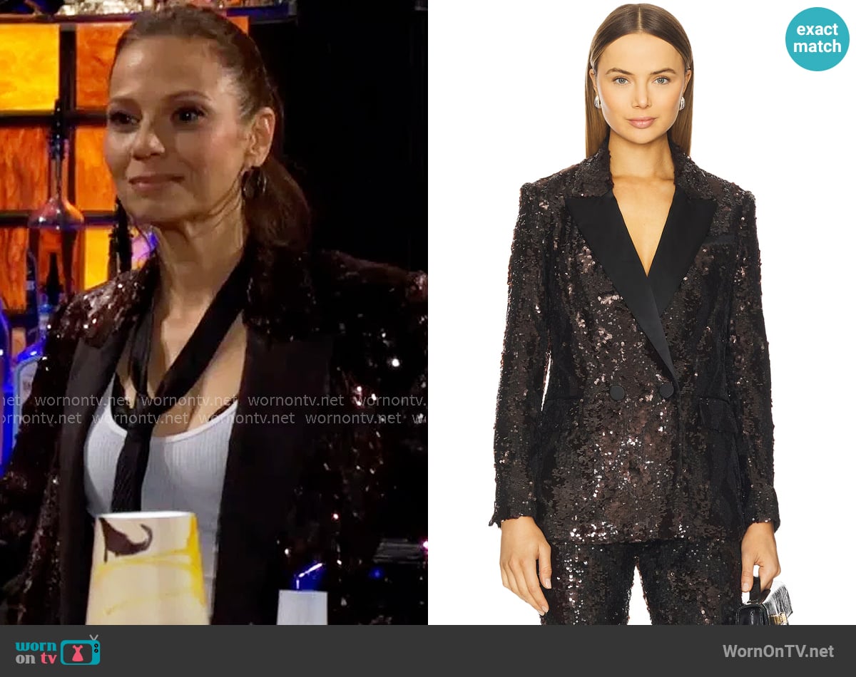 Veronica Beard Sevyn Sequined Jacket in Dark Currant worn by Sienna Bacall (Tamara Braun) on The Young and the Restless