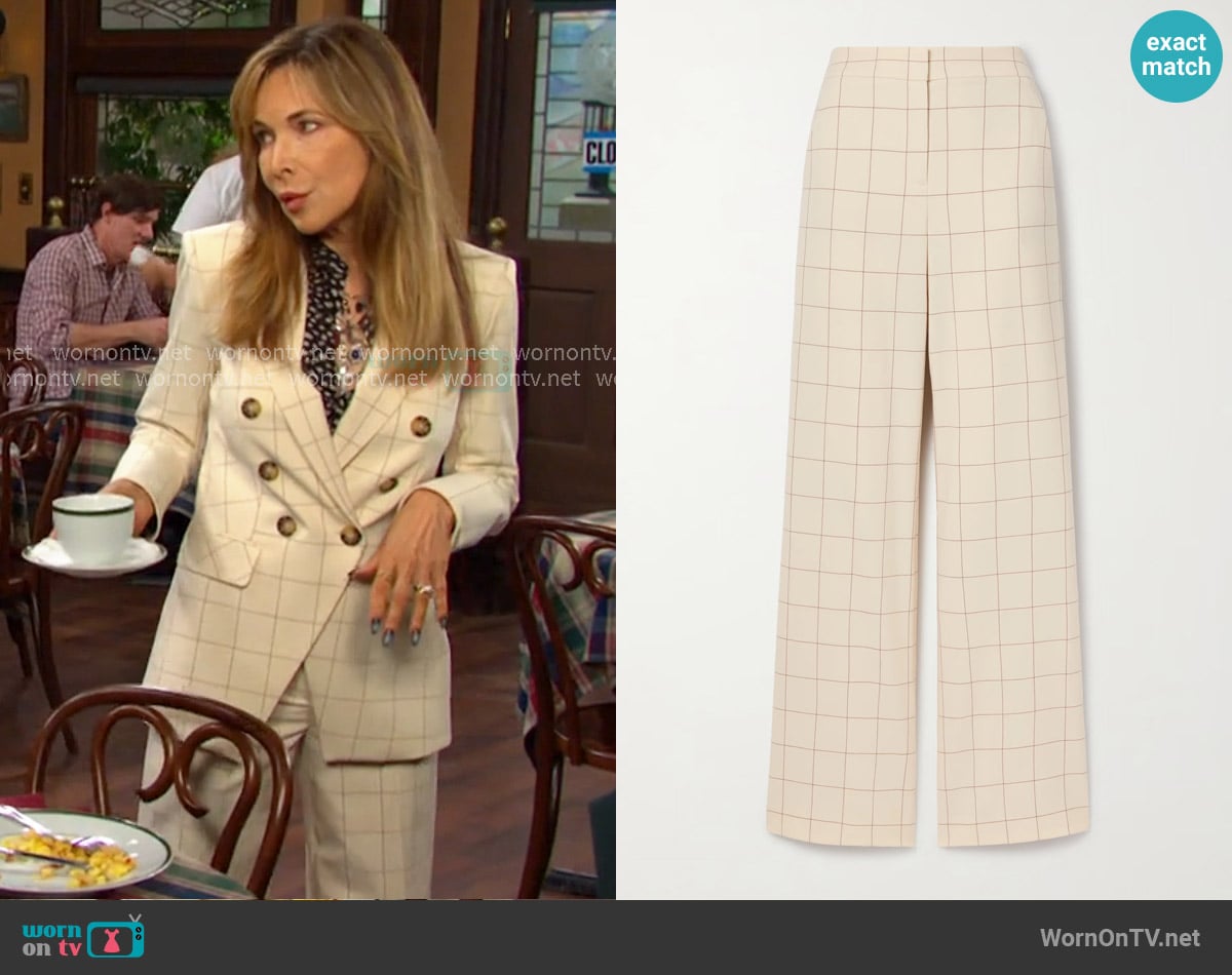 Veronica Beard Tonelli Windowpane Wide-Leg Pants in Ecru Deep Ochre worn by Kate Roberts (Lauren Koslow) on Days of our Lives