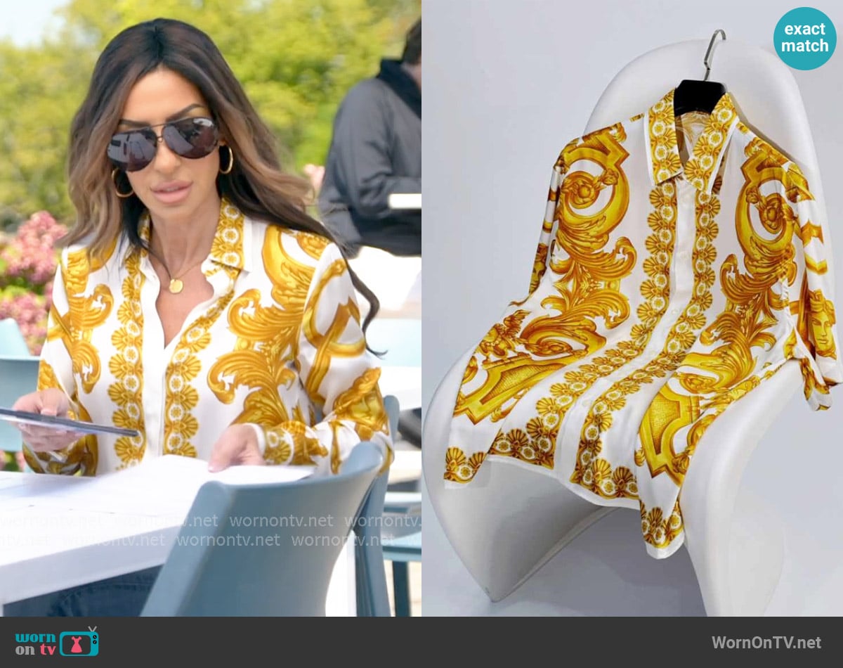 Versace Barocco Printed White Shirt worn by Alicia Carmody on The Real Housewives of Rhode Island