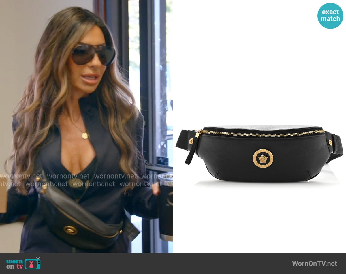 Versace Grained Calfskin Vanitas Medea Belt Bag Black worn by Rulla Nehme Pontarelli on The Real Housewives of Rhode Island