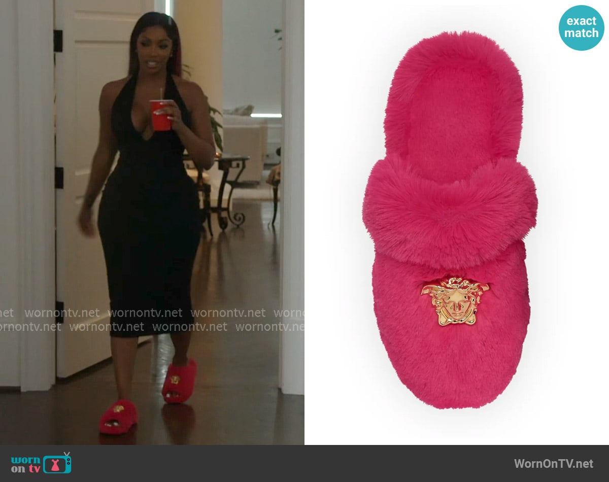 Versace Logomania Faux-Fur Slippers worn by Porsha Williams on The Real Housewives of Atlanta