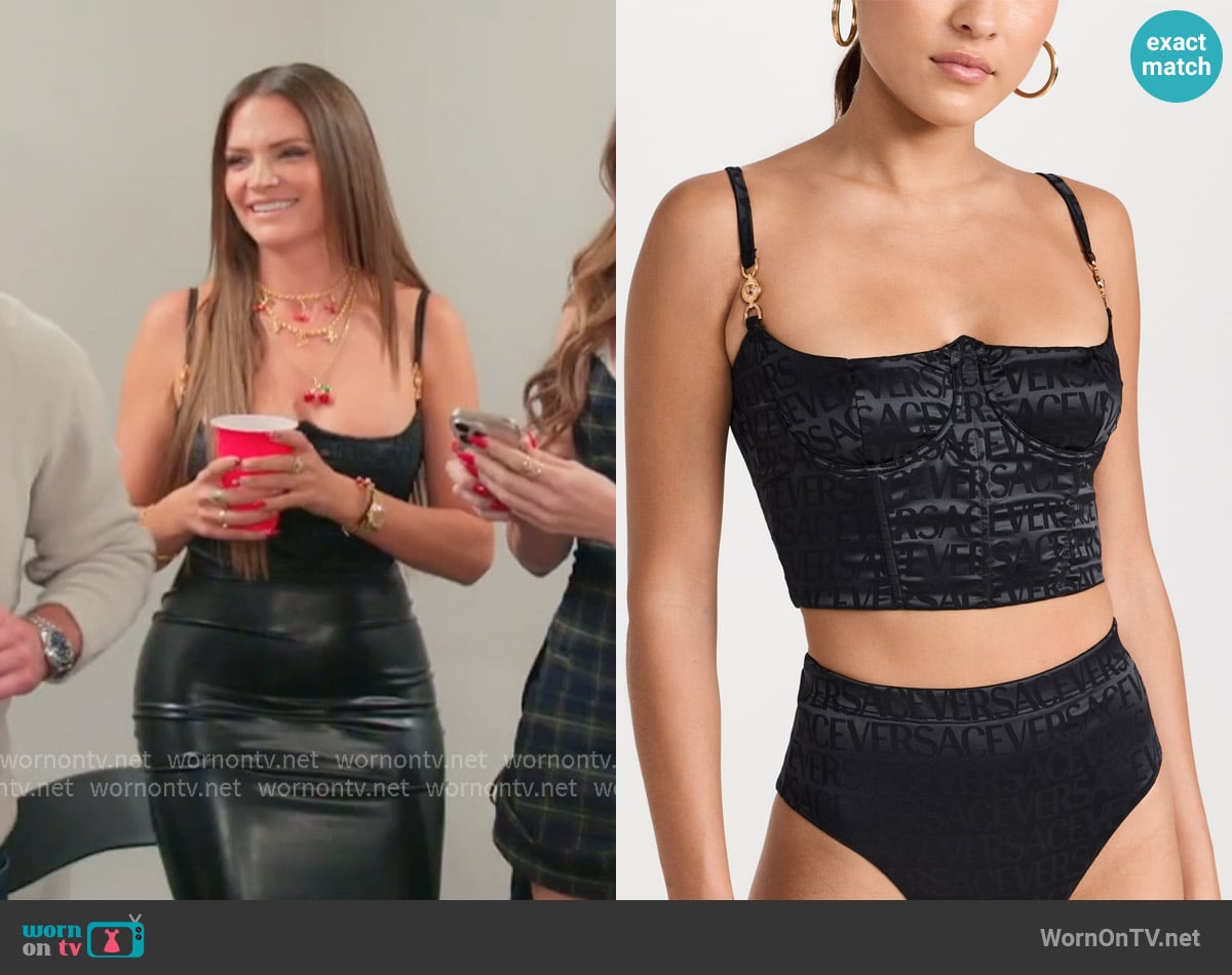 Versace Logomania satin bustier top in black worn by Natalie on The Valley