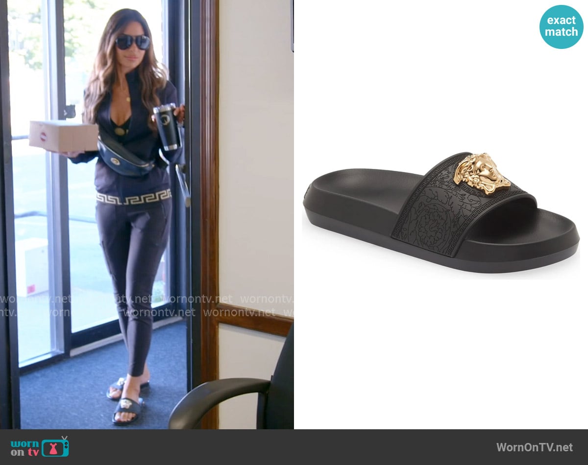 Versace Medusa Pool Slide worn by Rulla Nehme Pontarelli on The Real Housewives of Rhode Island