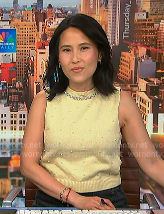 Vicky’s yellow pearl embellished top on NBC News Daily