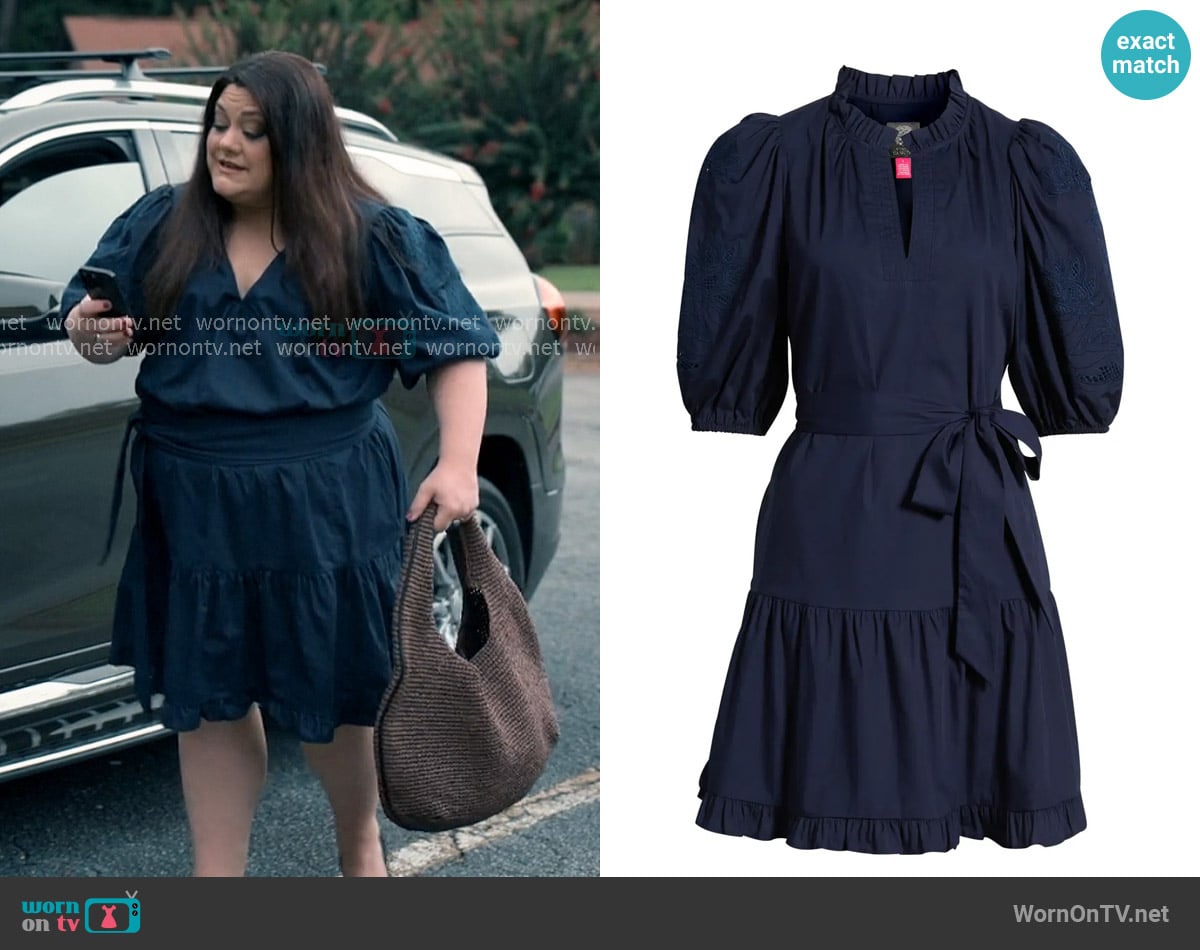 Vince Camuto Embroidered Ruffle Tie Waist Dress worn by Dana Sue Sullivan (Brooke Elliott) on Sweet Magnolias