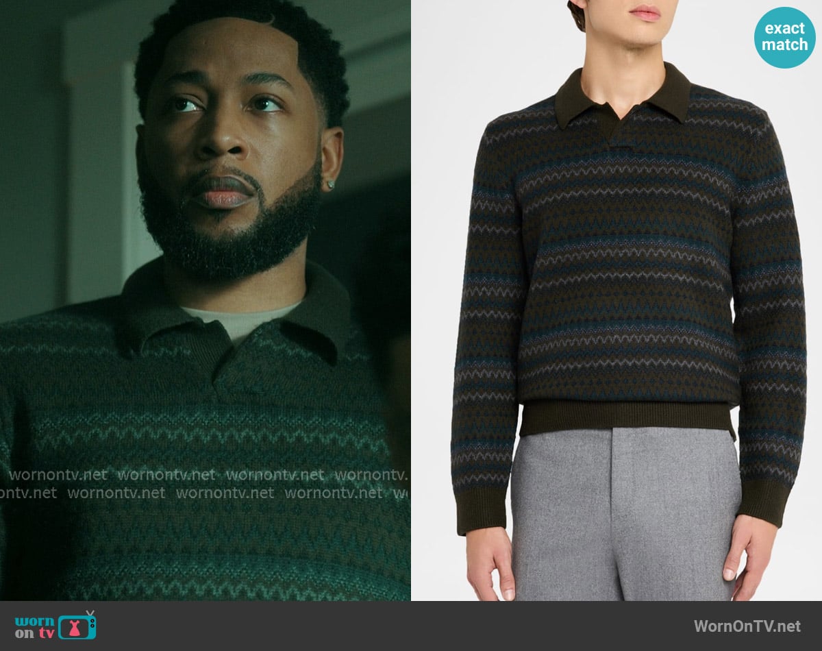 Vince Fair Isle Wool-Cashmere Johnny-Collar Sweater worn by Emmett (Jacob Latimore) on The Chi