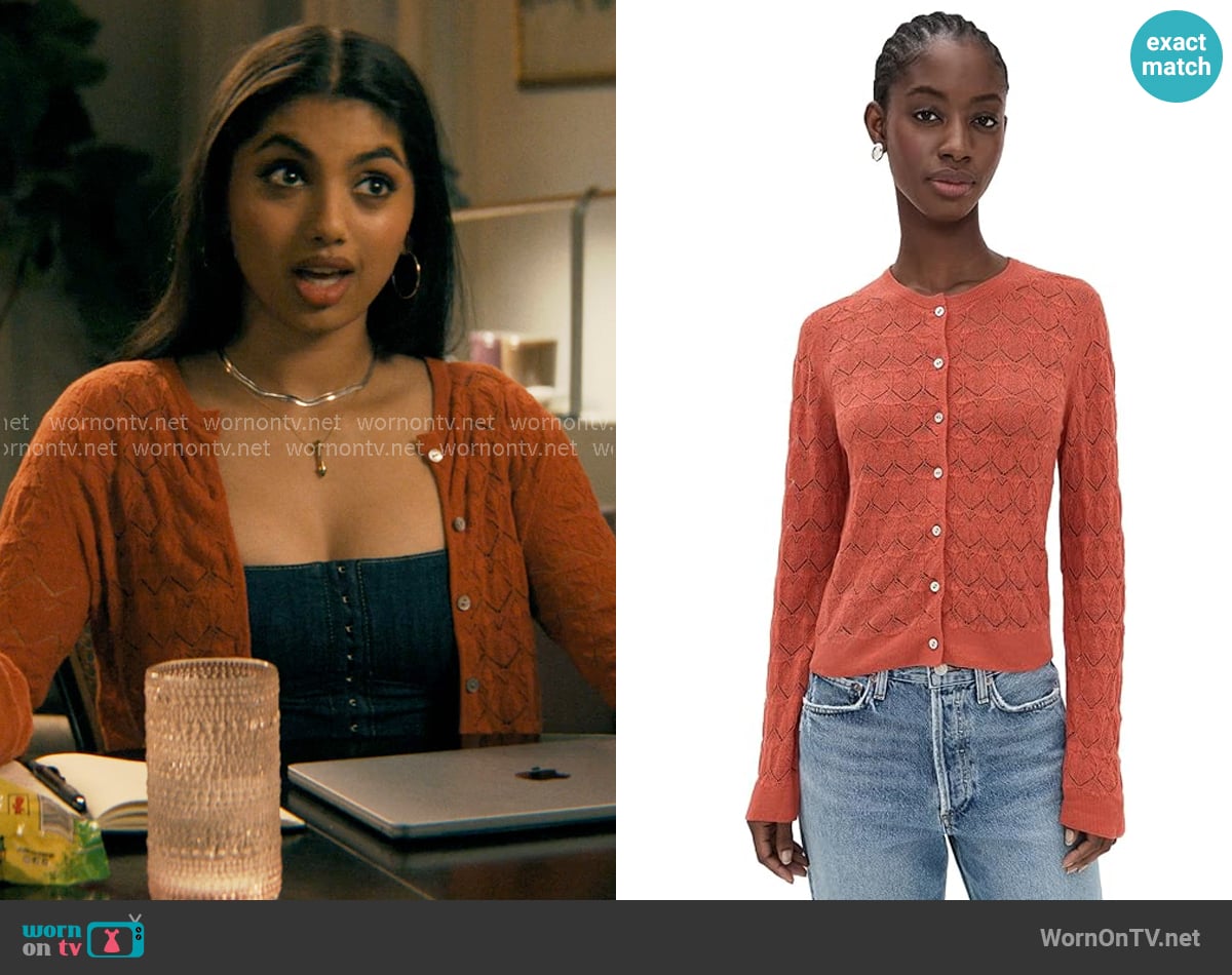 Vince Lace Stitch Cardigan in Terra worn by Abhinaya Chilukuri (Avantika) on Not Suitable For Work