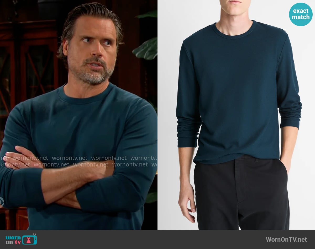Vince Pima Cotton Piqué Long Sleeve T-Shirt in Rapids worn by Nick Newman (Joshua Morrow) on The Young and the Restless