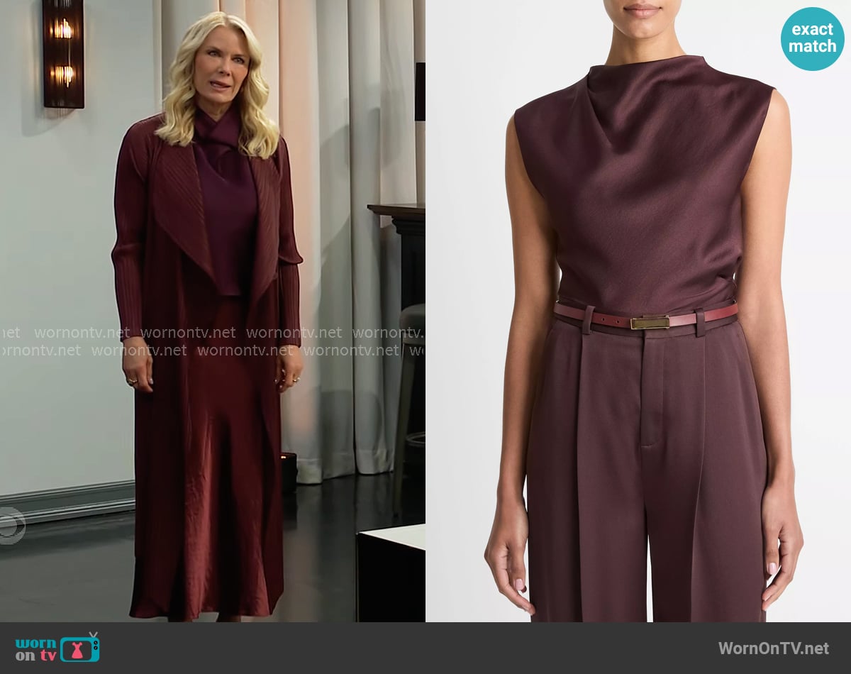 Vince Satin Draped Cowl-Neck Top in Fig worn by Brooke Logan (Katherine Kelly Lang) on The Bold and the Beautiful