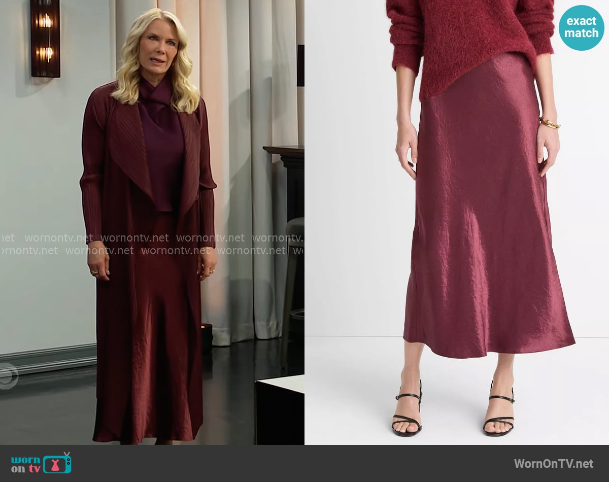 Vince Satin Side-Slit Slip Skirt in Bordeaux worn by Brooke Logan (Katherine Kelly Lang) on The Bold and the Beautiful