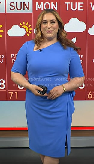 Violeta’s blue asymmetric neck ruffle sheath dress on NBC News Daily
