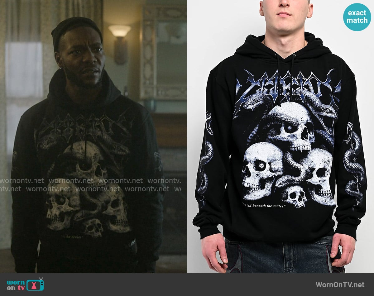 Reg’s skull graphic hoodie on The Chi