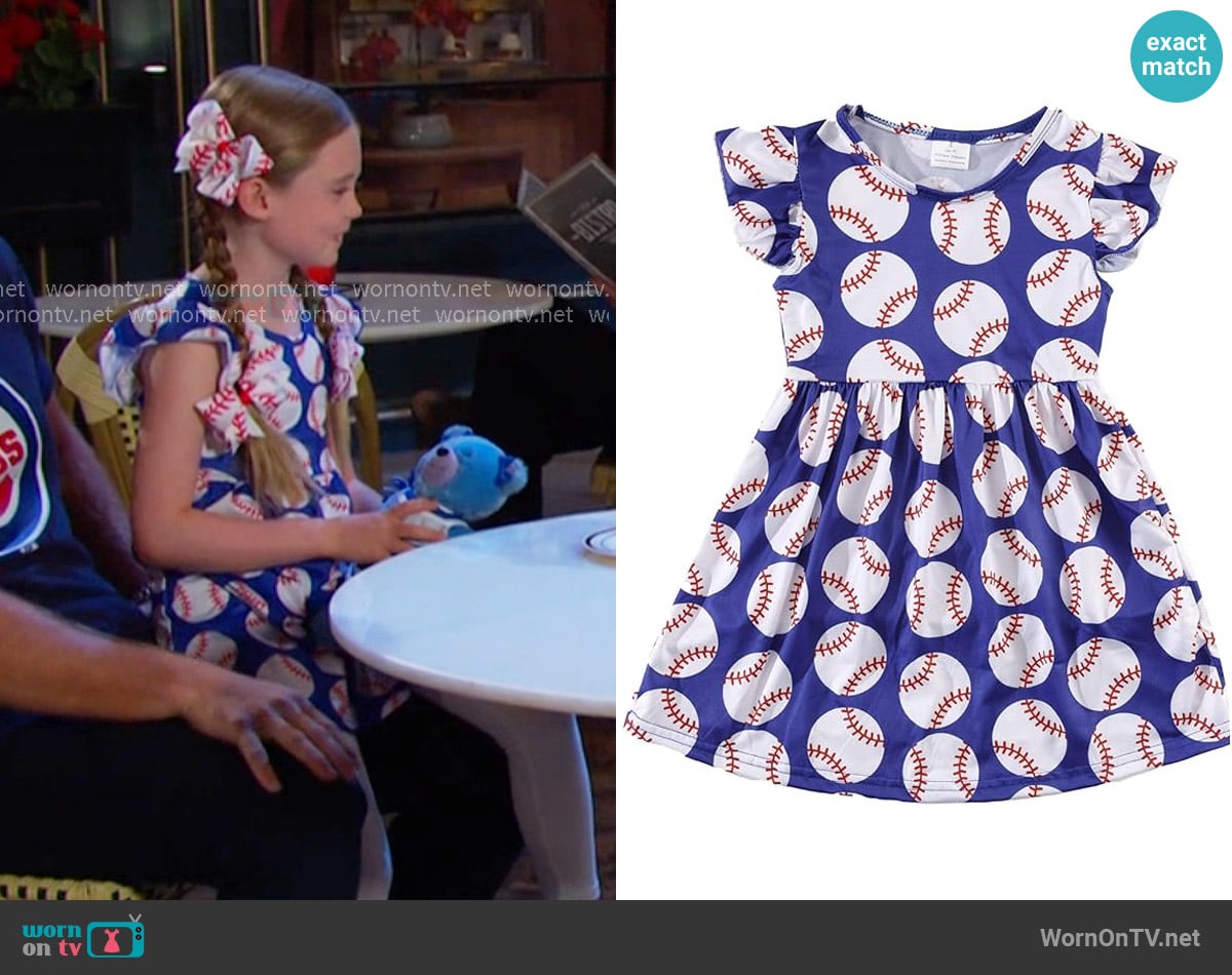 VUMUZU at Amazon Girl Baseball Print Flutter Sleeve Dress in Blue worn by Charlotte DiMera (Oakley Rondou) on Days of our Lives