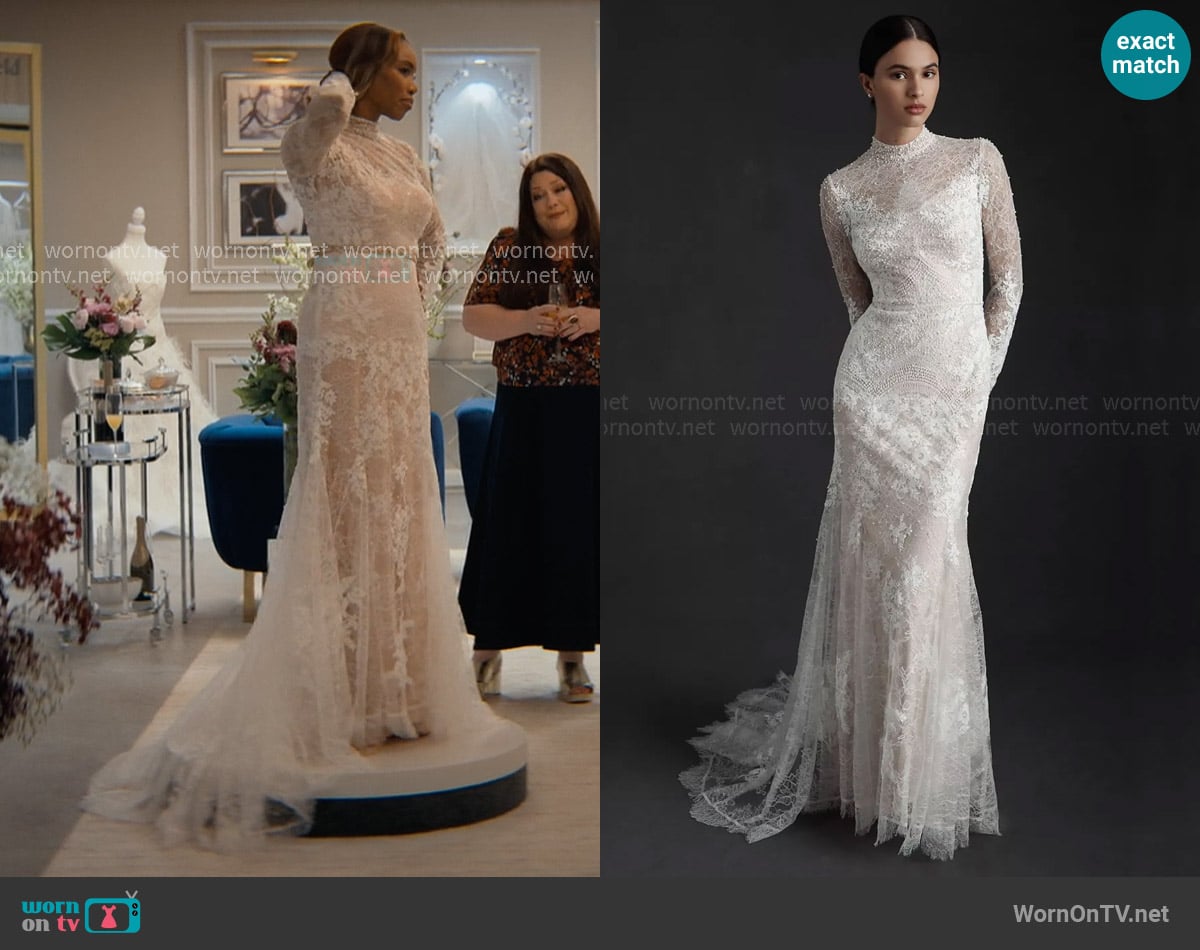 Watters High-Neck Lace Sheath Wedding Dress worn by Helen Decatur (Heather Headley) on Sweet Magnolias