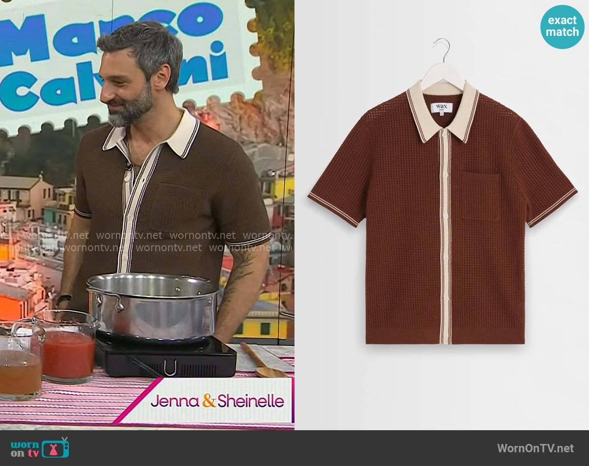 Wax London Belle Tipped Pointelle Polo Shirt in Dark Brown worn by Marco Calvani on Today