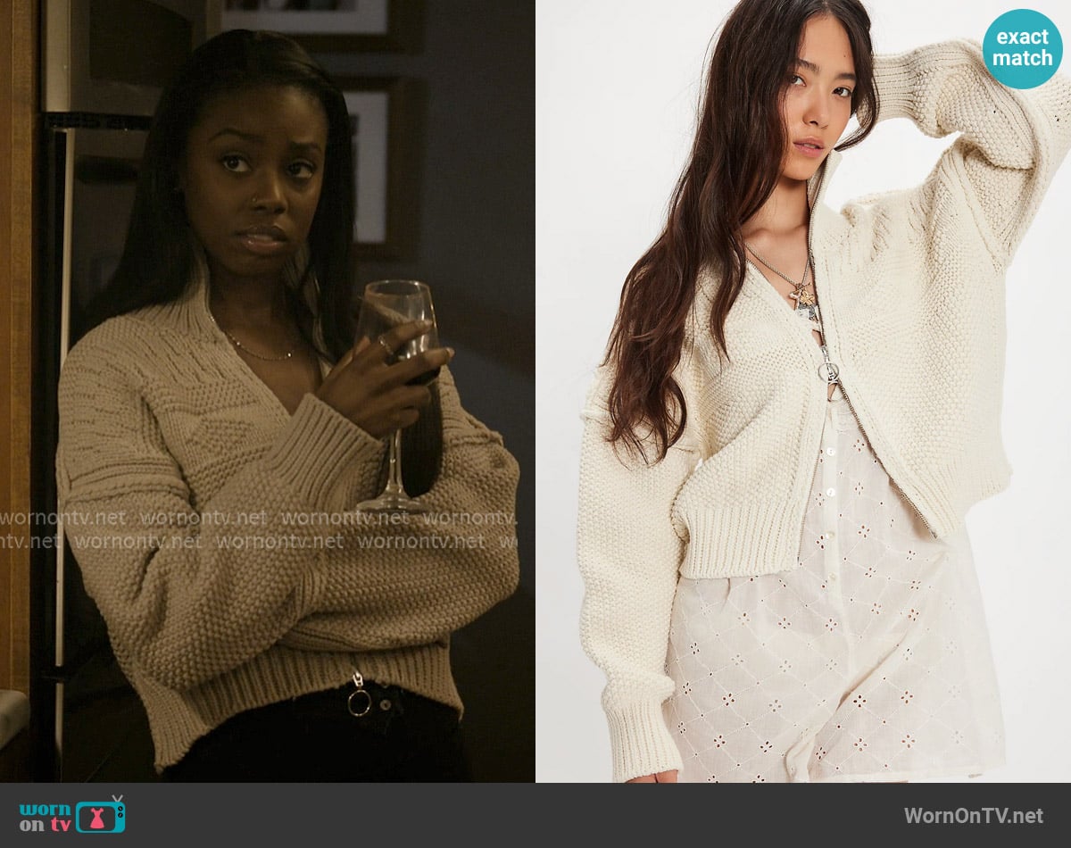 Kiesha’s white chunky knit cardigan on The Chi