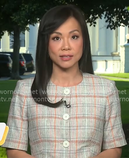 Weijia Jiang’s plaid short-sleeve jacket on CBS Mornings
