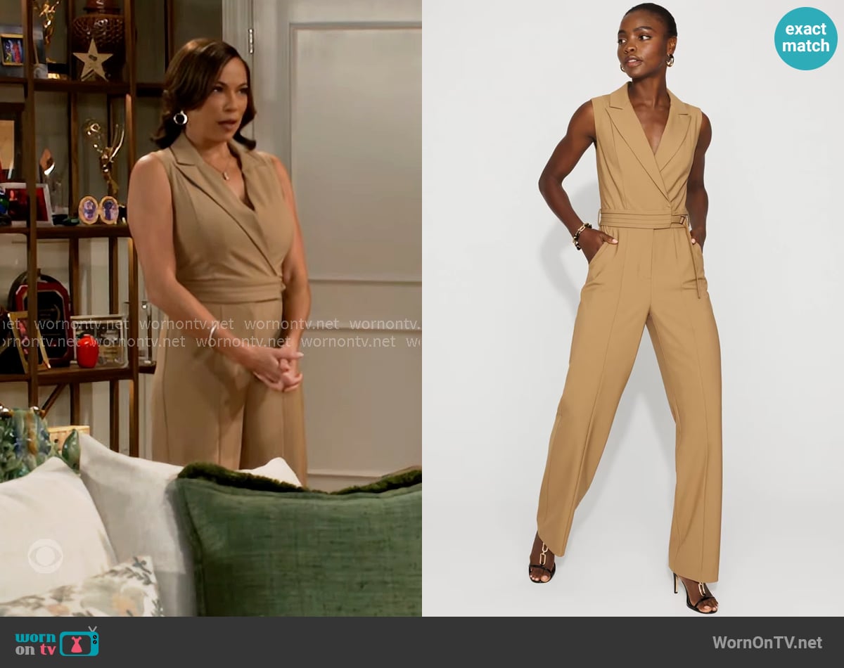 White House Black Market Tailored Blazer Jumpsuit in Soft Camel worn by Nicole Dupree Richardson (Daphnee Duplaix) on Beyond the Gates
