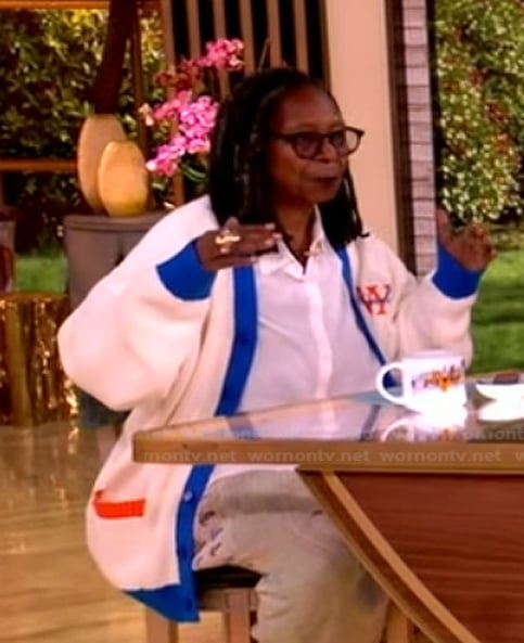 Whoopi’s white contrast cardigan on The View