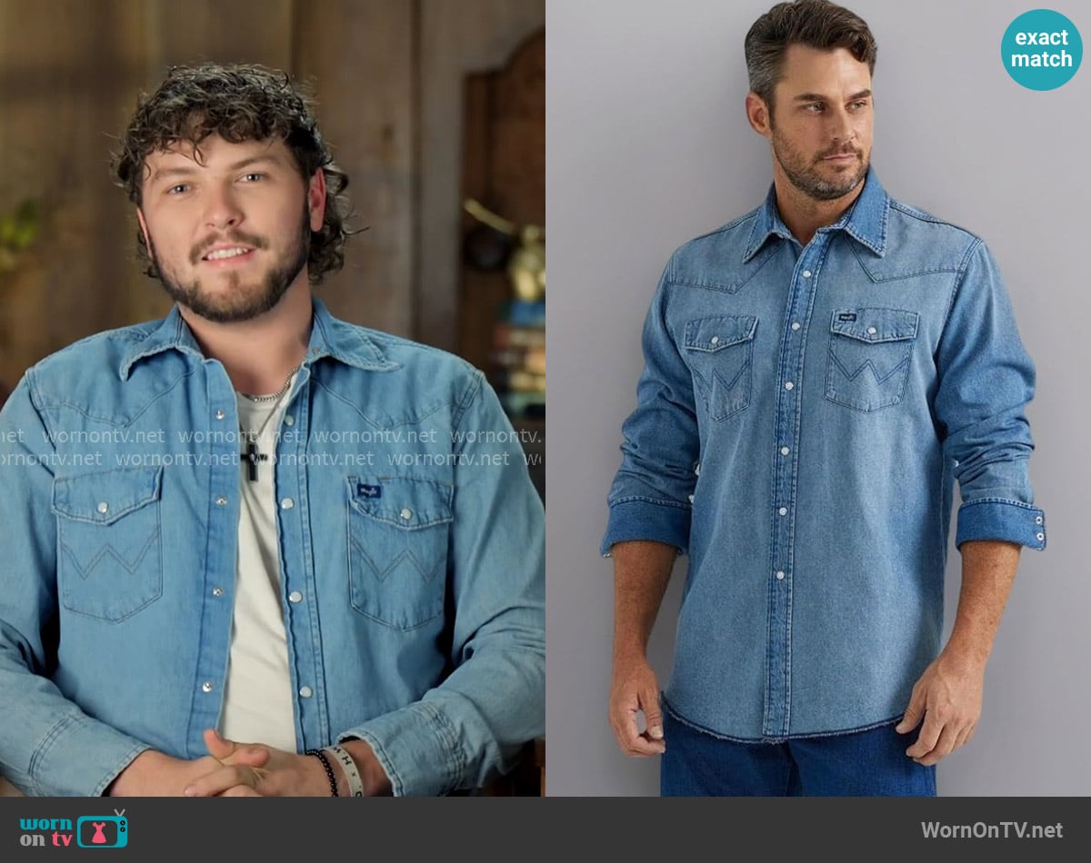 Wrangler Vintage Inspired Long Sleeve Denim Shirt worn by Brayden McBee on The McBee Dynasty Real American Cowboys