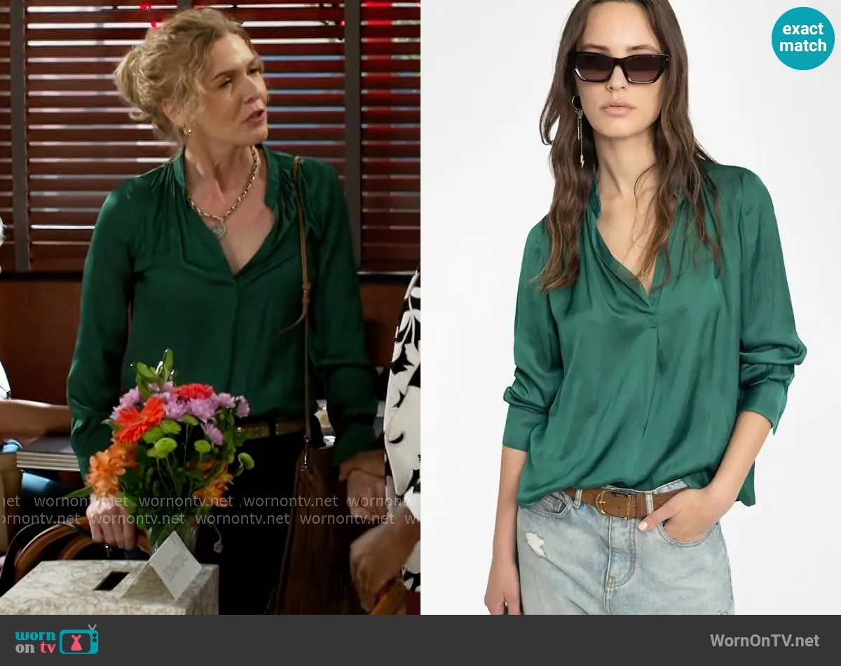 Zadig and Voltaire Tink Blouse in Emeraude worn by Jan Morgan (Jerri Tubbs) on Beyond the Gates