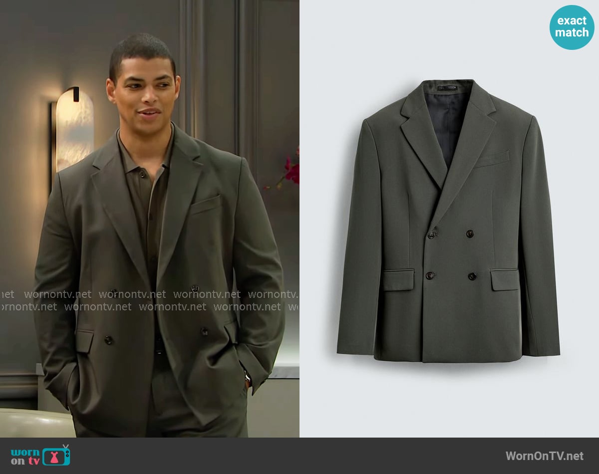 Zara Comfort Fit Double Breasted Suit Blazer worn by Zende Forrester Dominguez (Delon De Metz) on The Bold and the Beautiful