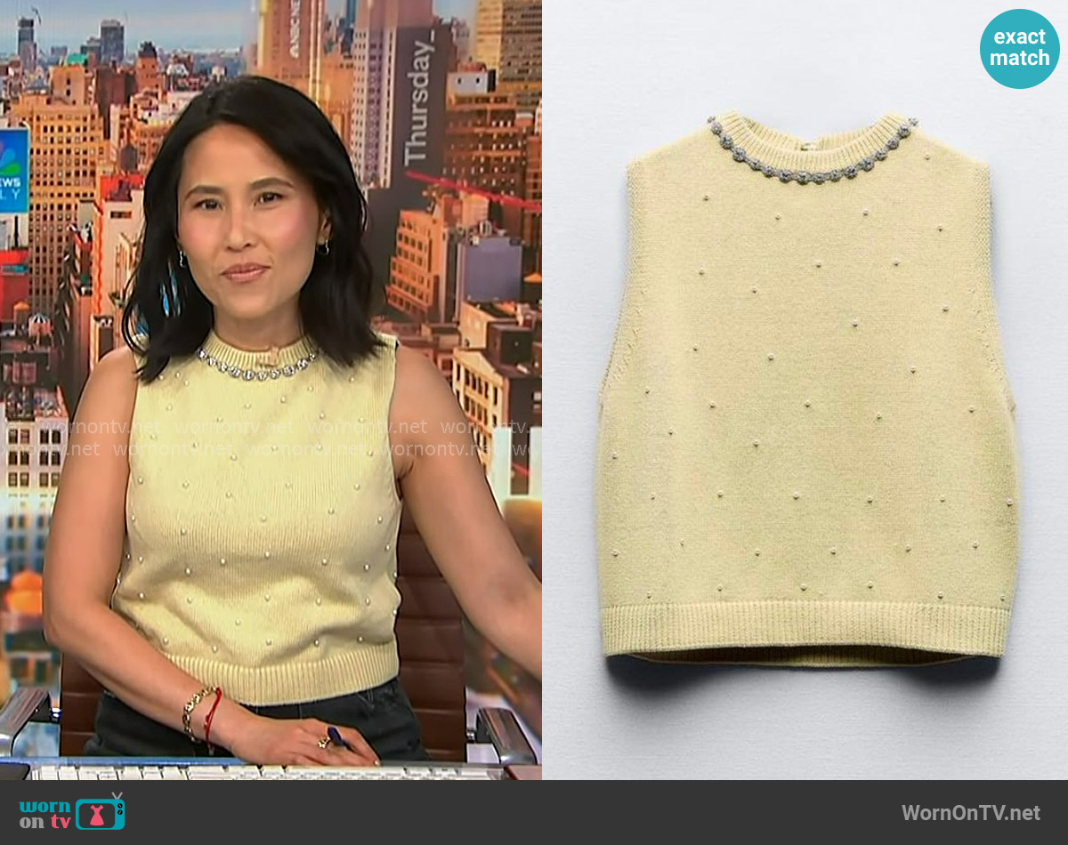 Zara Jewel and Pearl Knit Top worn by Vicky Nguyen on NBC News Daily