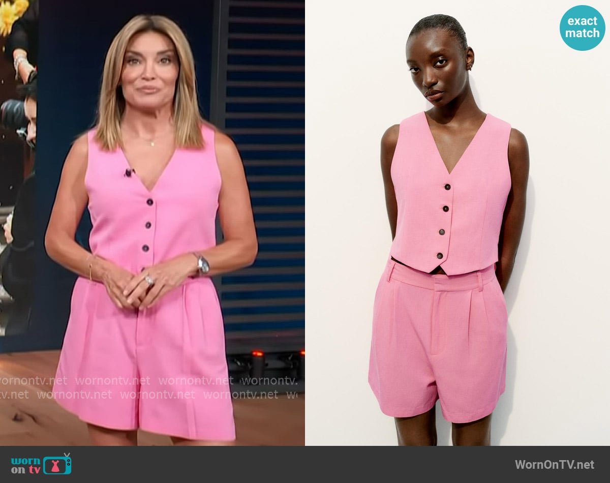 Zara Pink Linen Blend Vest and Short Set worn by Kit Hoover on Access Hollywood