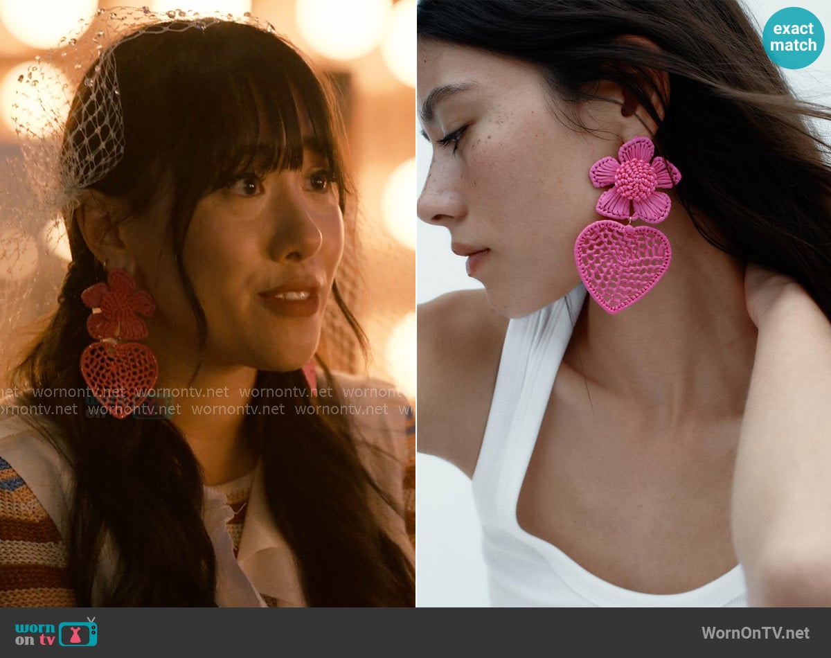 Zara Raffia Floral Heart Earrings worn by Lily Song (Artemis) on Sweet Magnolias