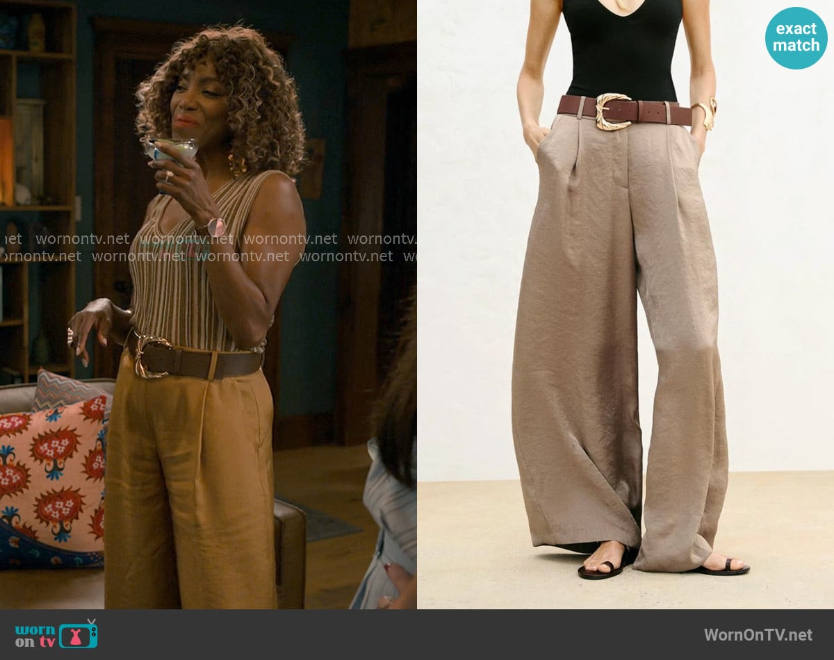Zara Satin Wide-Leg Belted Pants worn by Helen Decatur (Heather Headley) on Sweet Magnolias