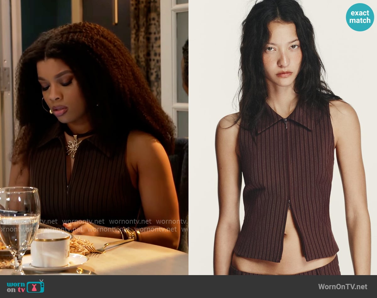 Zara Striped Zipper Vest worn by Eva Thomas (Ambyr Michelle) on Beyond the Gates