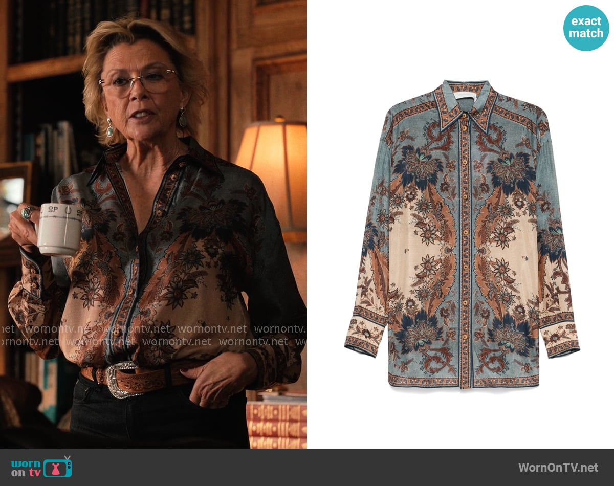 Zimmermann Ascension Silk Western Shirt worn by Beulah Jackson (Annette Bening) on Dutton Ranch