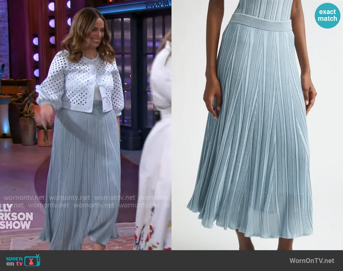 Zimmermann Aster Metallic Flared Ottoman Stitch Sweater Skirt worn by (Carley Fortune) on Uncategorized