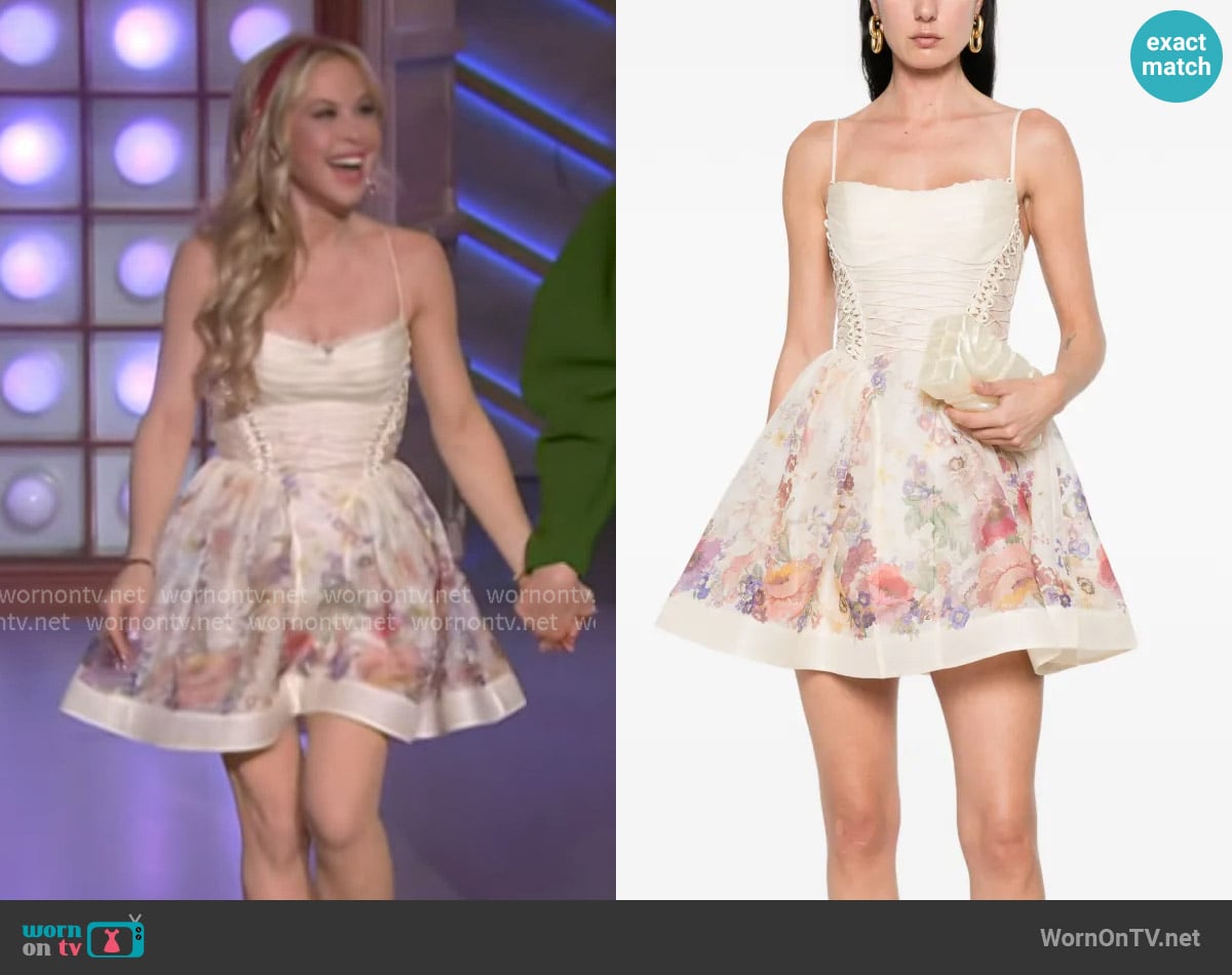 Zimmermann Floral Corset Mini Dress worn by Tara Lipinski on The Kelly Clarkson Show