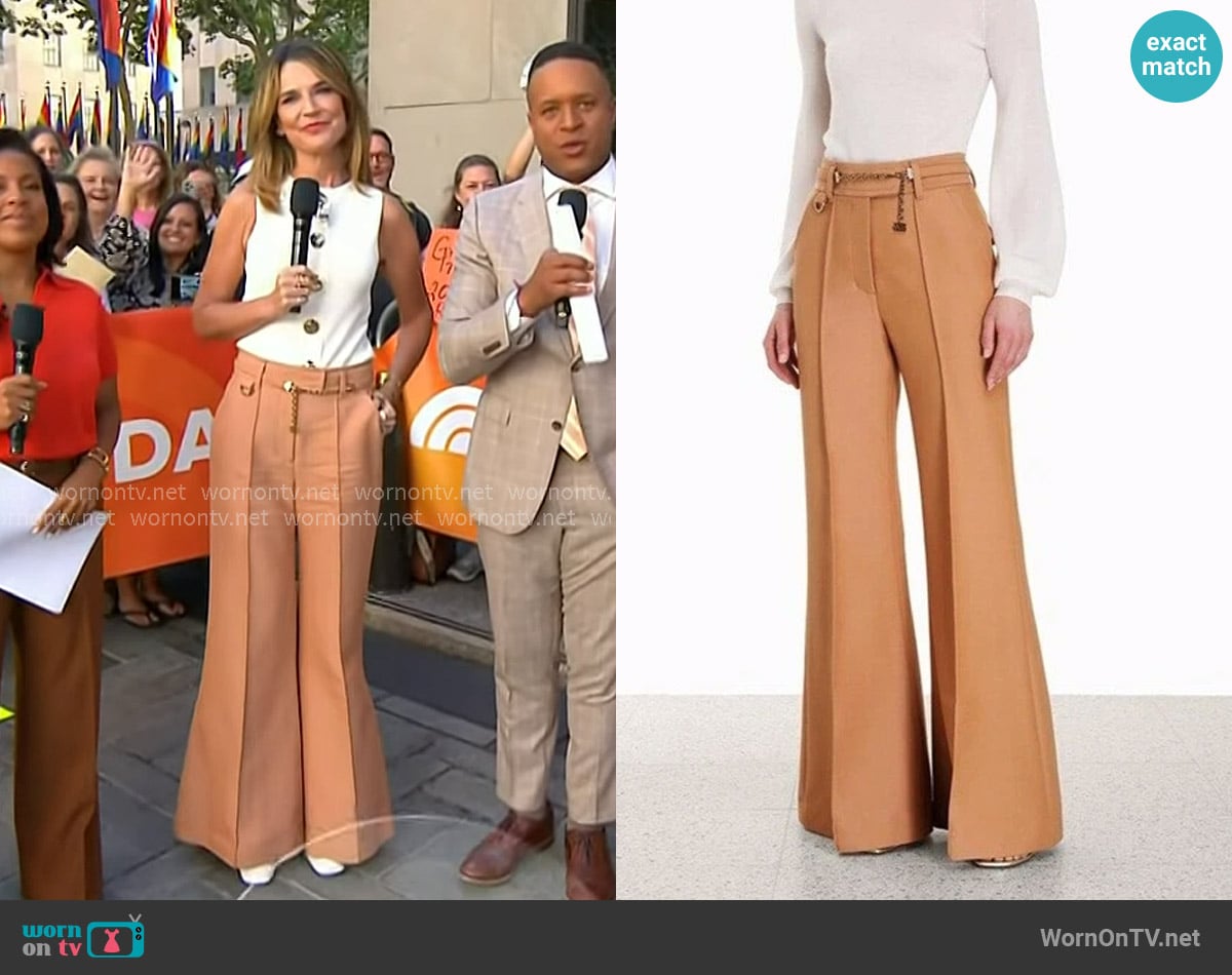 Zimmermann Luminosity Belted Wool-Blend Flare Trousers in Biscuit worn by Savannah Guthrie on Today