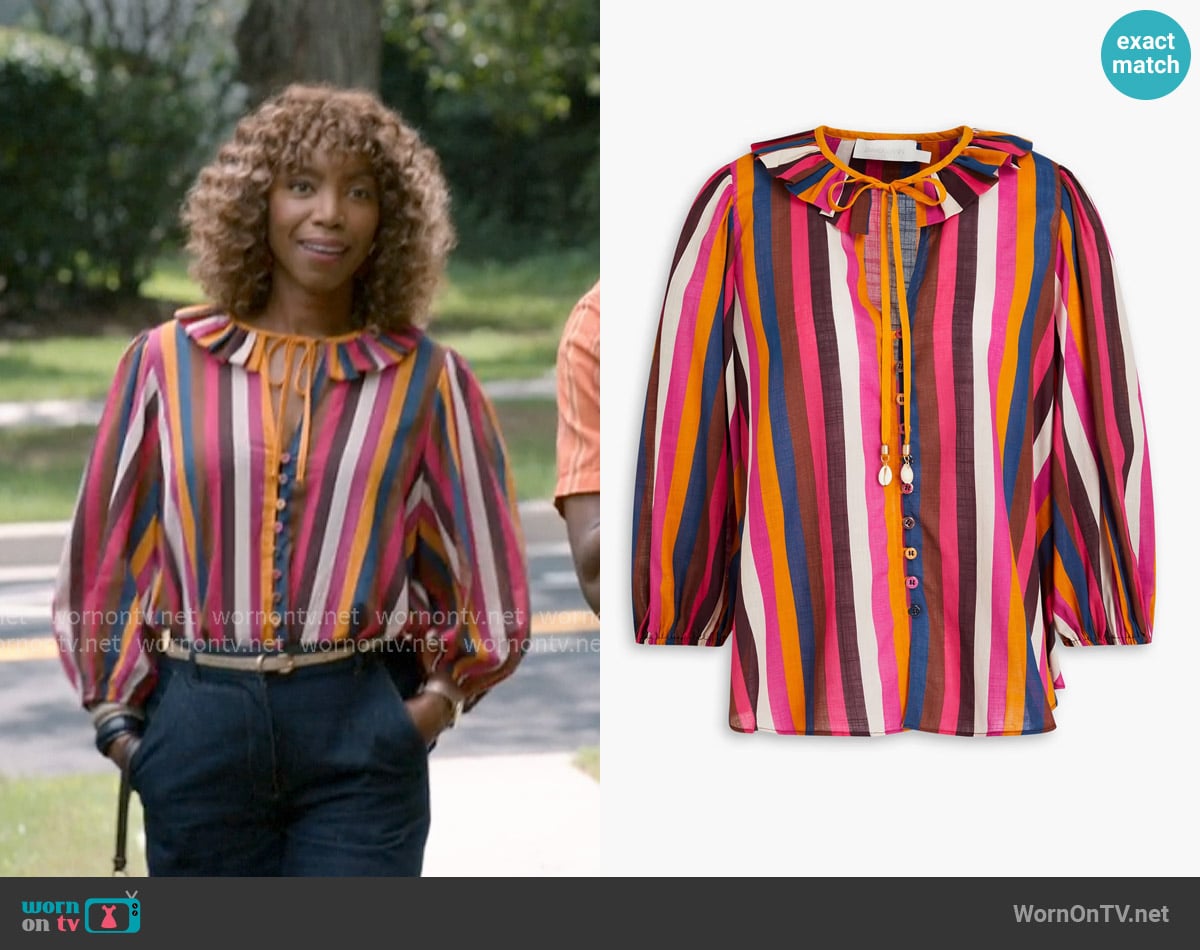 Zimmermann Striped cotton-voile blouse worn by Helen Decatur (Heather Headley) on Sweet Magnolias