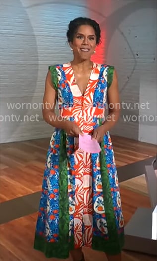 Adriana Diaz’s mixed print midi dress on CBS Mornings